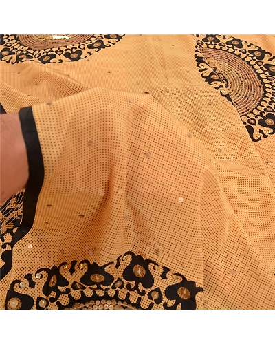 Sanskriti Vintage Sarees Beige Hand Beaded Pure Crepe Silk Printed Sari Fabric, PRC-19227-Beige-Printed Floral Design-Pure Crepe Silk-3