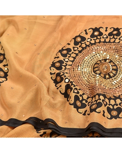 Sanskriti Vintage Sarees Beige Hand Beaded Pure Crepe Silk Printed Sari Fabric, PRC-19227-Beige-Printed Floral Design-Pure Crepe Silk-6