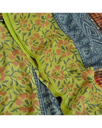 Sanskriti Vintage Sarees Green Pure Crepe Silk Printed Sari Soft Craft Fabric, PRC-19231-Green-Printed Floral Design-Pure Crepe Silk-5