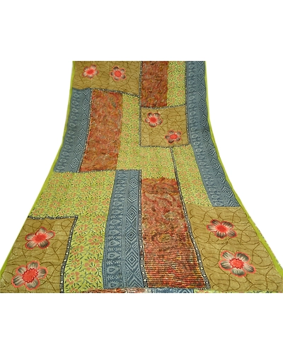 Sanskriti Vintage Sarees Green Pure Crepe Silk Printed Sari Soft Craft Fabric, PRC-19231-Green-Printed Floral Design-Pure Crepe Silk-8