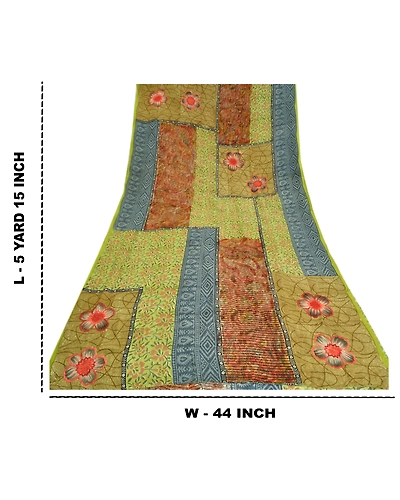 Sanskriti Vintage Sarees Green Pure Crepe Silk Printed Sari Soft Craft Fabric, PRC-19231-Green-Printed Floral Design-Pure Crepe Silk-9