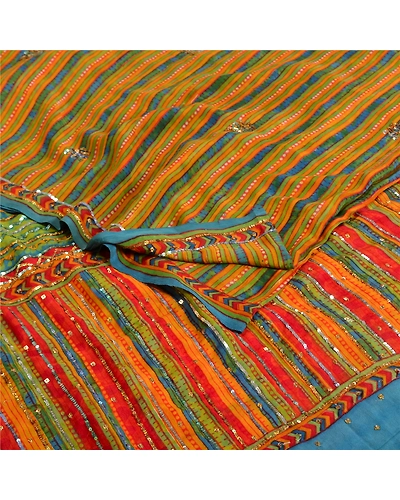 Sanskriti Vintage Sarees Hand Beaded Pure Crepe Silk Printed Sari Craft Fabric, PRC-19242-Multi-Printed Floral-Pure Crepe Silk-1