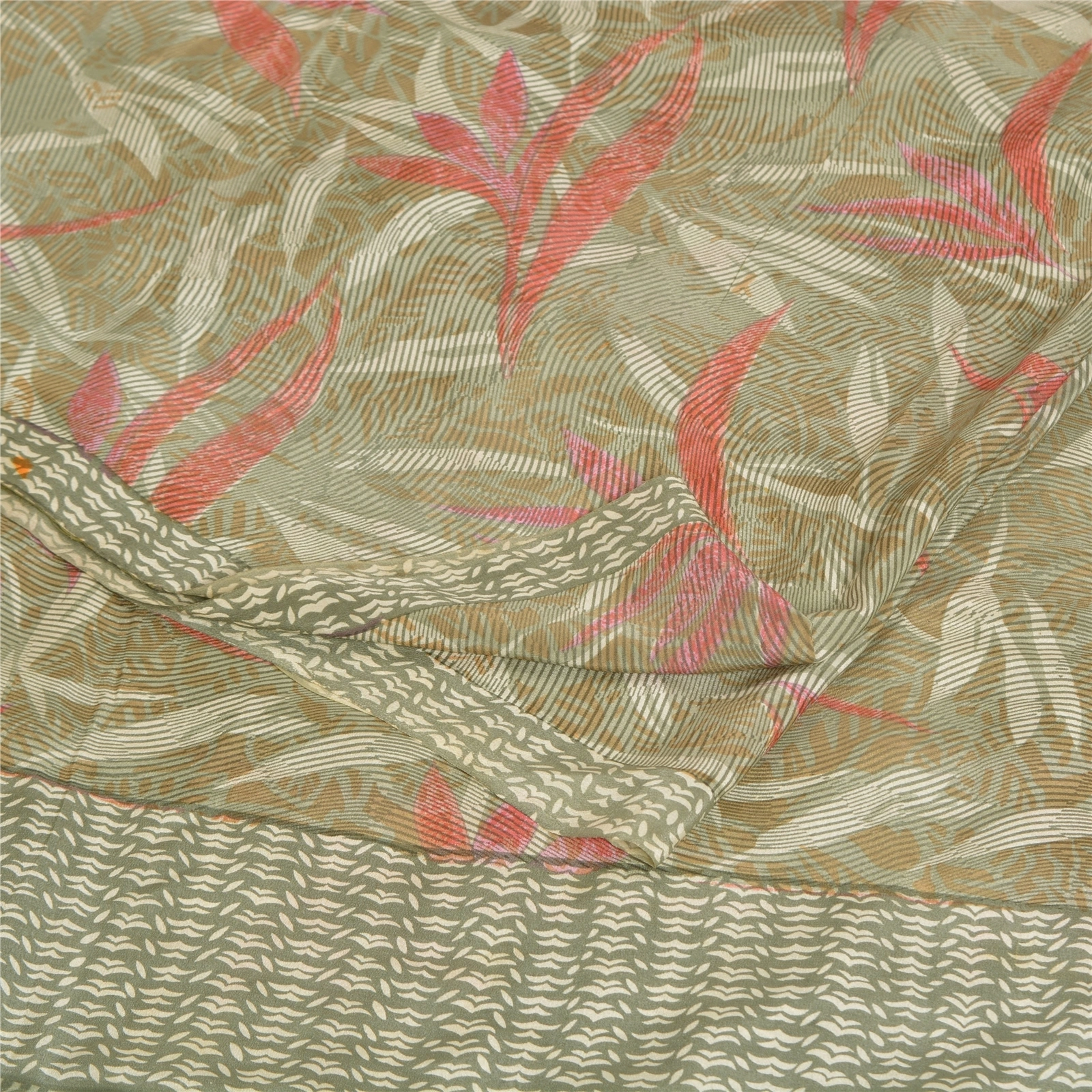 Sanskriti Vintage Sarees Indian Cream Pure Crepe Silk Printed Sari Craft Fabric, PRC-19267-Shades Of Cream-Printed Floral Design-Pure Crepe Silk-1