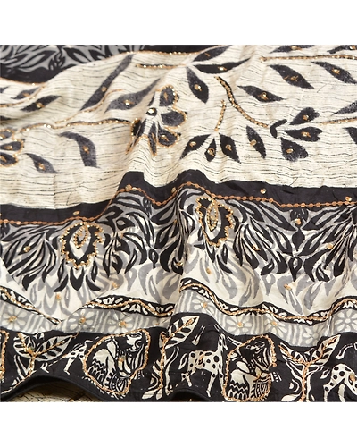 Sanskriti Vintage Sarees Ivory Hand Beaded Pure Crepe Silk Printed Sari Fabric, PRC-19285-Ivory-Printed Floral Design-Pure Crepe Silk-6