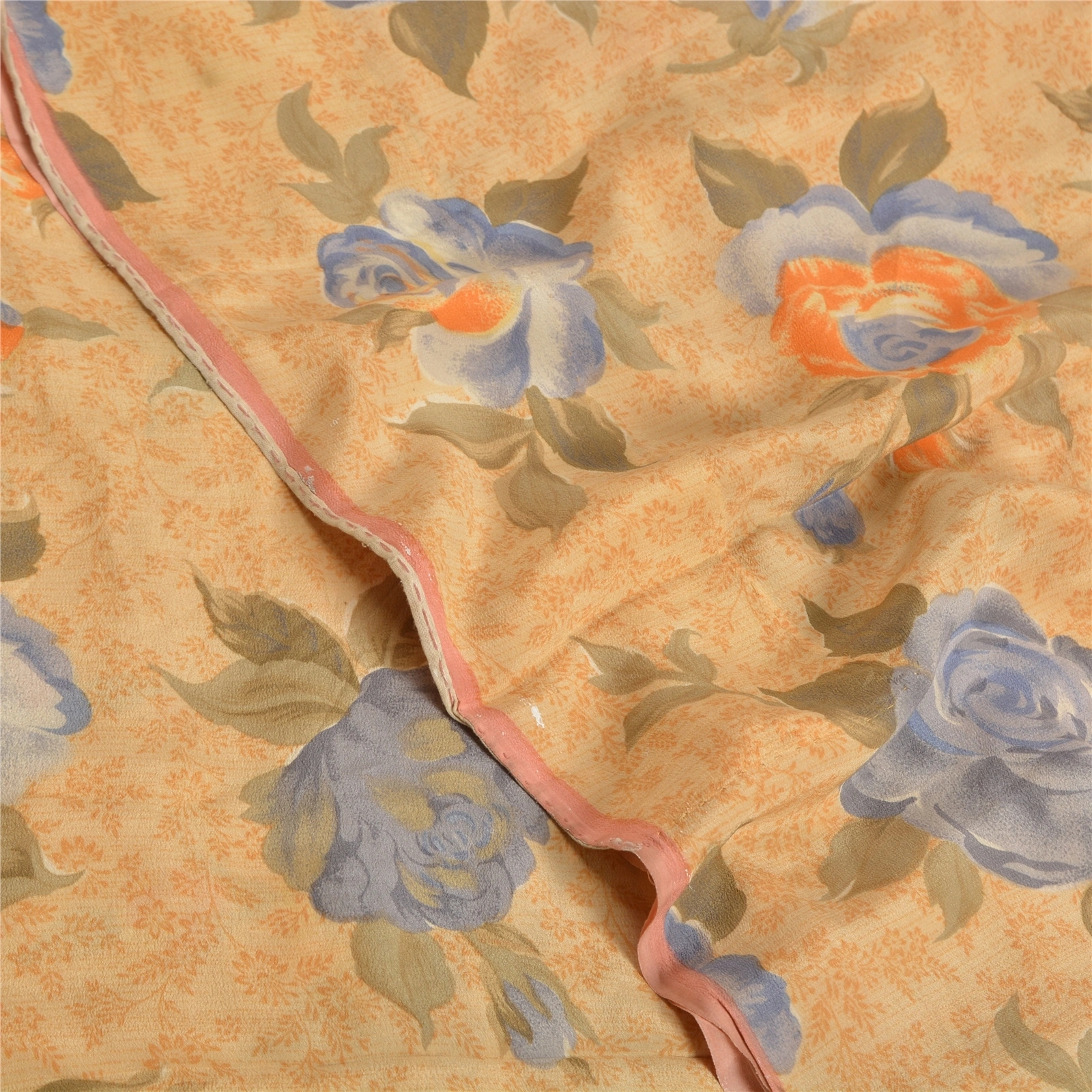 Sanskriti Vintage Sarees Indian Peach Pure Crepe Silk Printed Sari Craft Fabric, PRC-19288-Peach-Printed Floral Design-Pure Crepe Silk-5