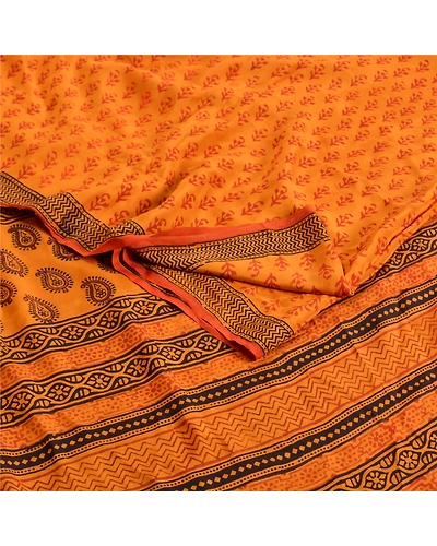 Sanskriti Vintage Sarees Saffron Hand Block Printed Pure Crepe Silk Sari Fabric, PRC-19294-Saffron-Printed Floral Design-Pure Crepe Silk-1
