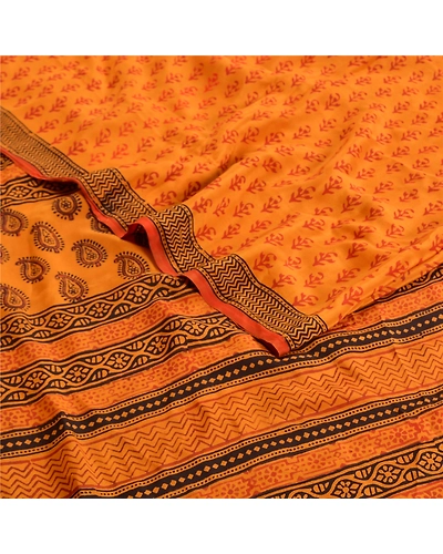 Sanskriti Vintage Sarees Saffron Hand Block Printed Pure Crepe Silk Sari Fabric, PRC-19294-Saffron-Printed Floral Design-Pure Crepe Silk-2