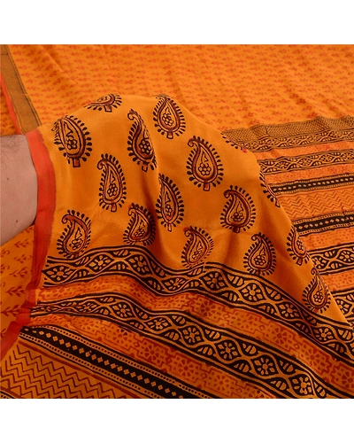 Sanskriti Vintage Sarees Saffron Hand Block Printed Pure Crepe Silk Sari Fabric, PRC-19294-Saffron-Printed Floral Design-Pure Crepe Silk-3