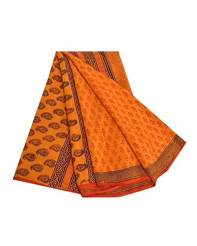 Sanskriti Vintage Sarees Saffron Hand Block Printed Pure Crepe Silk Sari Fabric, PRC-19294-Saffron-Printed Floral Design-Pure Crepe Silk-7