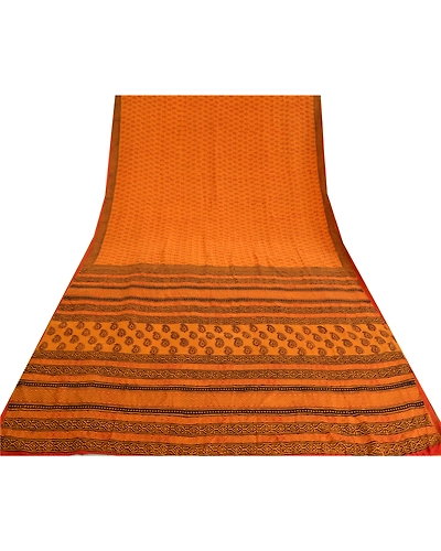 Sanskriti Vintage Sarees Saffron Hand Block Printed Pure Crepe Silk Sari Fabric, PRC-19294-Saffron-Printed Floral Design-Pure Crepe Silk-8