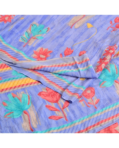 Sanskriti Vintage Sarees Indian Blue Pure Crepe Silk Printed Sari Craft Fabric, PRC-19302-Blue-Printed Floral Design-Pure Crepe Silk-1