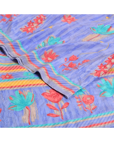 Sanskriti Vintage Sarees Indian Blue Pure Crepe Silk Printed Sari Craft Fabric, PRC-19302-Blue-Printed Floral Design-Pure Crepe Silk-2