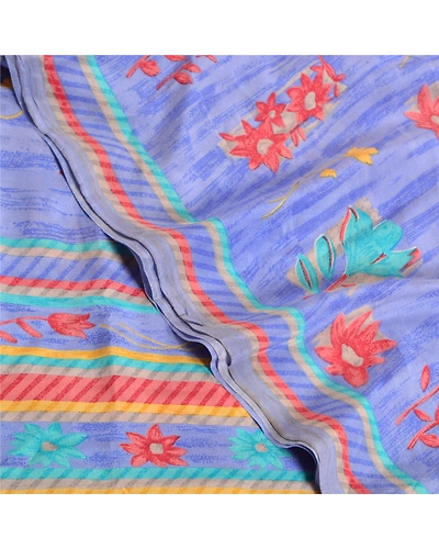 Sanskriti Vintage Sarees Indian Blue Pure Crepe Silk Printed Sari Craft Fabric, PRC-19302-Blue-Printed Floral Design-Pure Crepe Silk-5