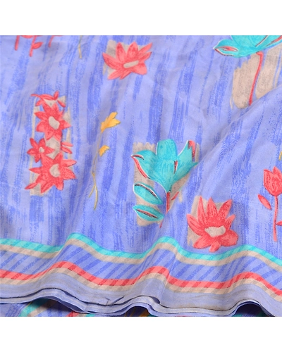 Sanskriti Vintage Sarees Indian Blue Pure Crepe Silk Printed Sari Craft Fabric, PRC-19302-Blue-Printed Floral Design-Pure Crepe Silk-6