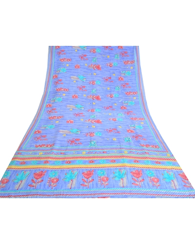 Sanskriti Vintage Sarees Indian Blue Pure Crepe Silk Printed Sari Craft Fabric, PRC-19302-Blue-Printed Floral Design-Pure Crepe Silk-8