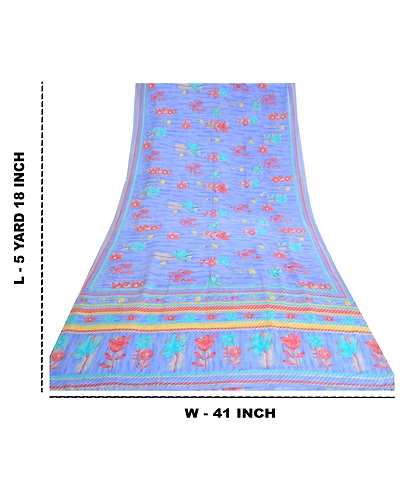 Sanskriti Vintage Sarees Indian Blue Pure Crepe Silk Printed Sari Craft Fabric, PRC-19302-Blue-Printed Floral Design-Pure Crepe Silk-9