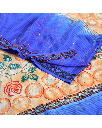 Sanskriti Vintage Sarees Blue Hand Beaded Printed Pure Crepe Silk Sari Fabric, PRC-19313-Blue-Printed Floral Design-Pure Crepe Silk-1