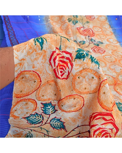 Sanskriti Vintage Sarees Blue Hand Beaded Printed Pure Crepe Silk Sari Fabric, PRC-19313-Blue-Printed Floral Design-Pure Crepe Silk-3