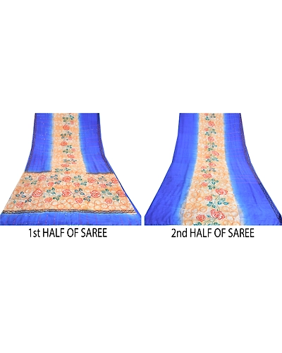 Sanskriti Vintage Sarees Blue Hand Beaded Printed Pure Crepe Silk Sari Fabric, PRC-19313-Blue-Printed Floral Design-Pure Crepe Silk-4