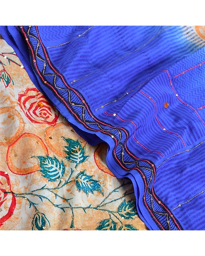 Sanskriti Vintage Sarees Blue Hand Beaded Printed Pure Crepe Silk Sari Fabric, PRC-19313-Blue-Printed Floral Design-Pure Crepe Silk-5