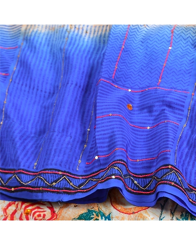 Sanskriti Vintage Sarees Blue Hand Beaded Printed Pure Crepe Silk Sari Fabric, PRC-19313-Blue-Printed Floral Design-Pure Crepe Silk-6