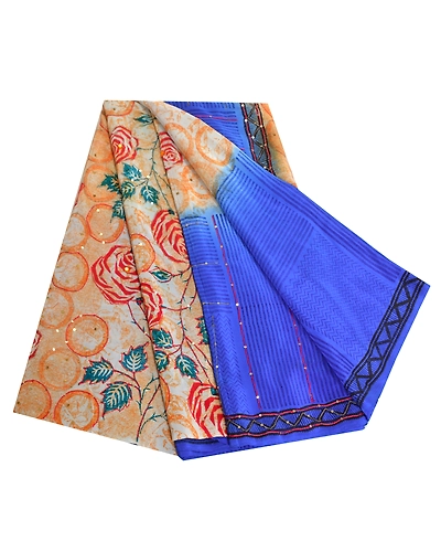 Sanskriti Vintage Sarees Blue Hand Beaded Printed Pure Crepe Silk Sari Fabric, PRC-19313-Blue-Printed Floral Design-Pure Crepe Silk-7