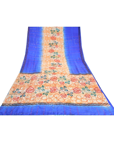 Sanskriti Vintage Sarees Blue Hand Beaded Printed Pure Crepe Silk Sari Fabric, PRC-19313-Blue-Printed Floral Design-Pure Crepe Silk-8