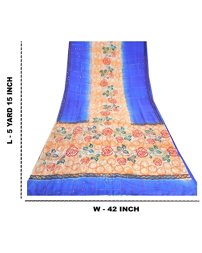Sanskriti Vintage Sarees Blue Hand Beaded Printed Pure Crepe Silk Sari Fabric, PRC-19313-Blue-Printed Floral Design-Pure Crepe Silk-9