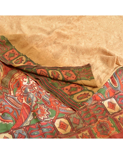 Sanskriti Vintage Sarees Cream Pure Crepe Silk Printed Sari Floral Craft Fabric, PRC-19314-Cream-Printed Floral Design-Pure Crepe Silk-1