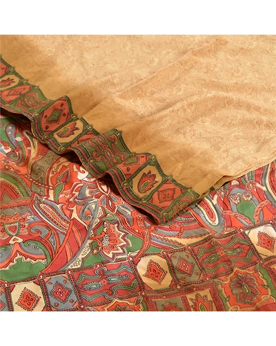 Sanskriti Vintage Sarees Cream Pure Crepe Silk Printed Sari Floral Craft Fabric, PRC-19314-Cream-Printed Floral Design-Pure Crepe Silk-2