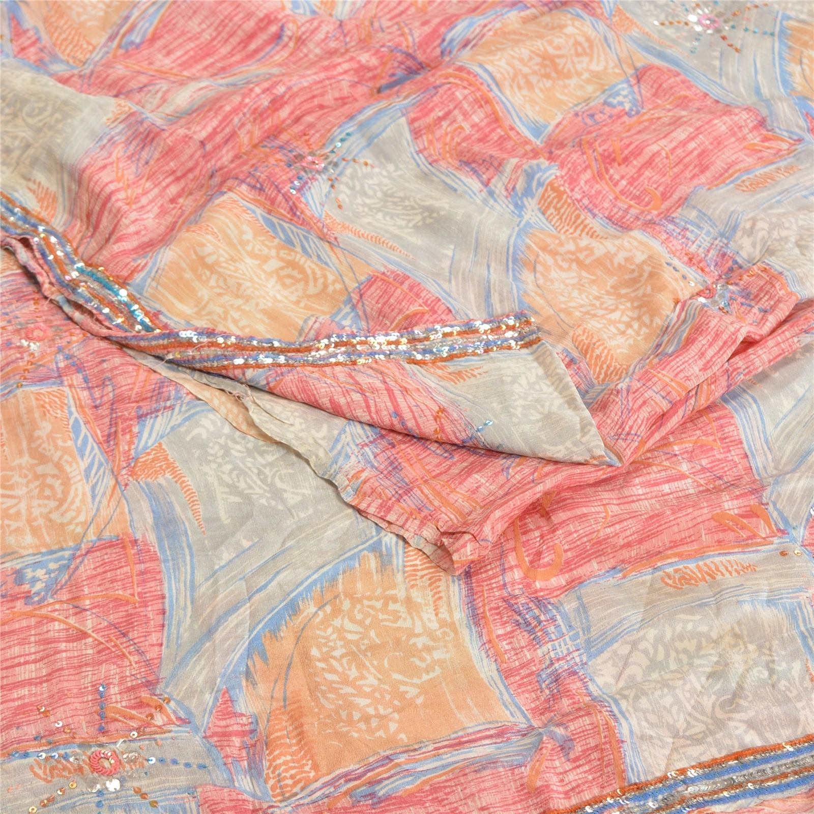 Sanskriti Vintage Sarees Hand Beaded Pure Crepe Silk Printed Sari Craft Fabric, PRC-19315-Multi-Printed Floral Design-Pure Crepe Silk-1