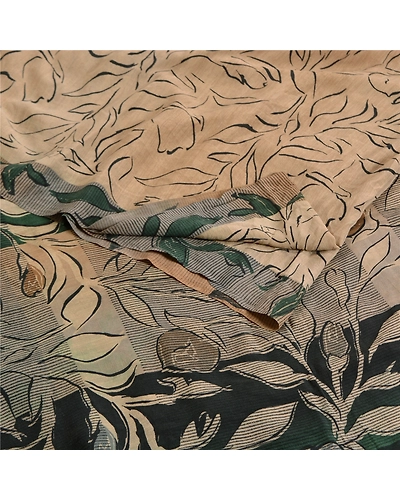 Sanskriti Vintage Sarees Pale-Cream Pure Crepe Silk Printed Sari Craft Fabric, PRC-19322-Pale-Cream-Printed Floral Design-Pure Crepe Silk-1