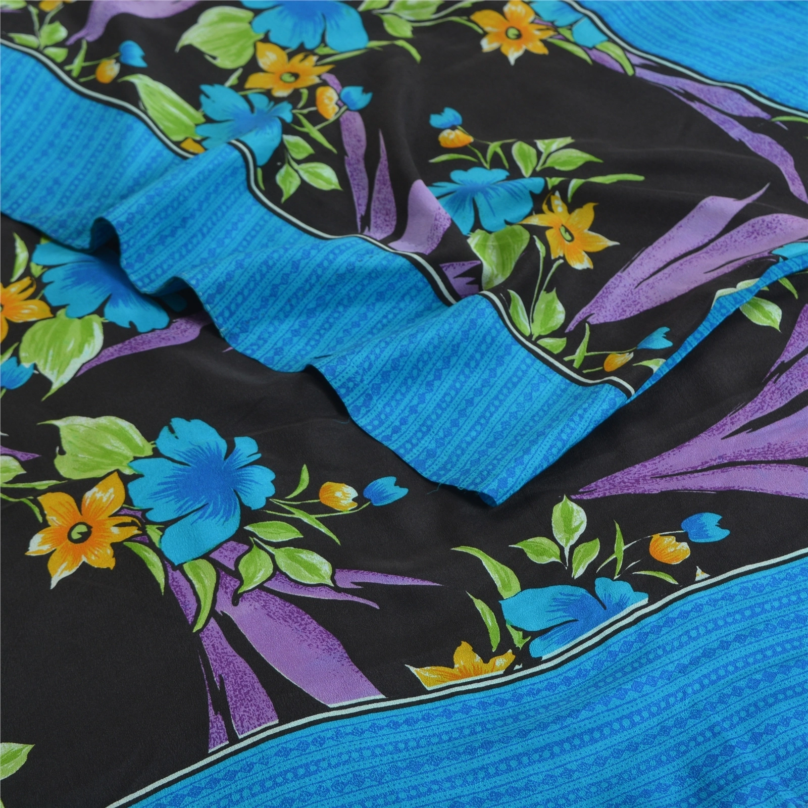 Sanskriti Vintage Sarees Blue 100% Pure Crepe Silk Printed Sari 5Yd Craft Fabric, PRC-19537-Blue-Printed Floral Design-Pure Crepe Silk-2