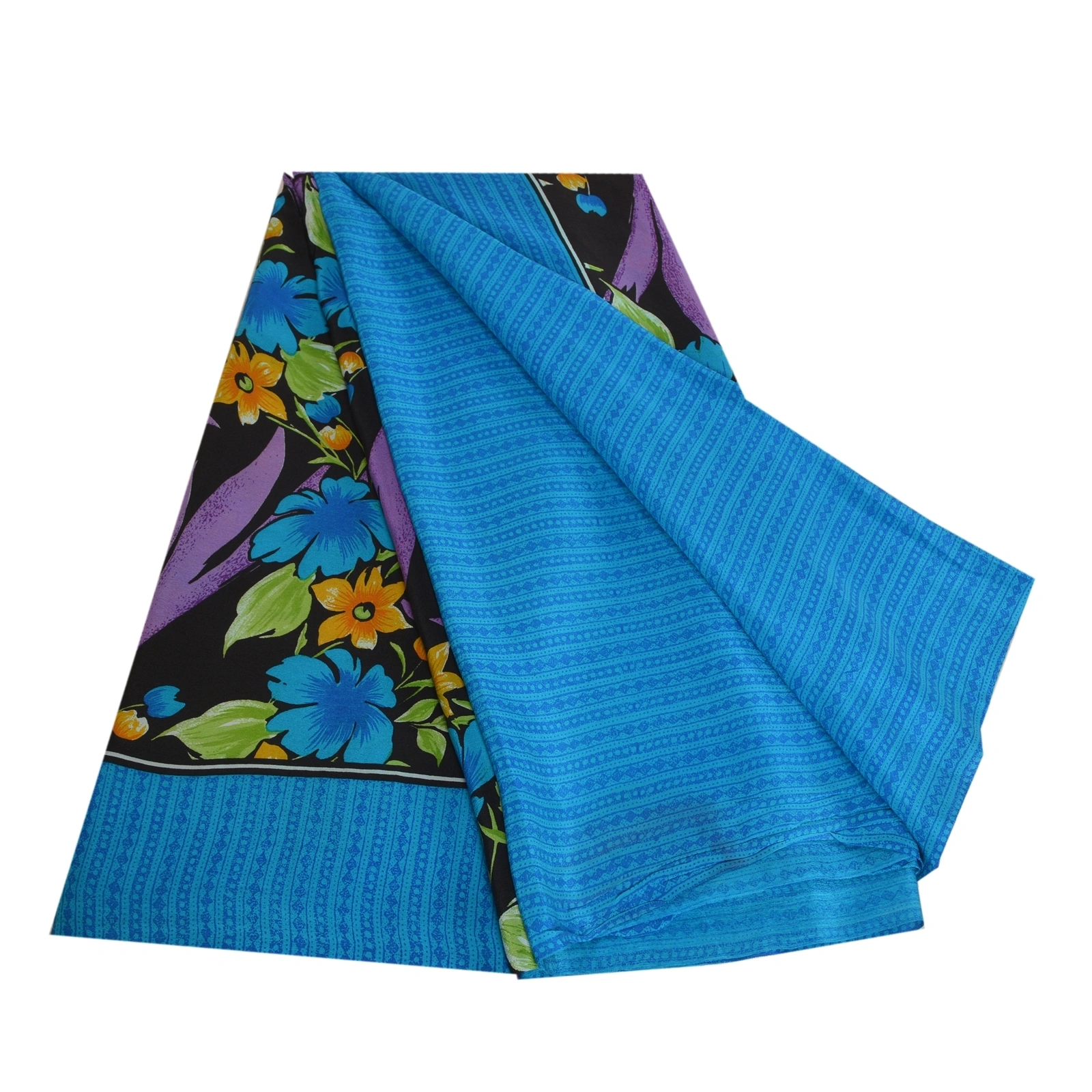 Sanskriti Vintage Sarees Blue 100% Pure Crepe Silk Printed Sari 5Yd Craft Fabric, PRC-19537-Blue-Printed Floral Design-Pure Crepe Silk-7