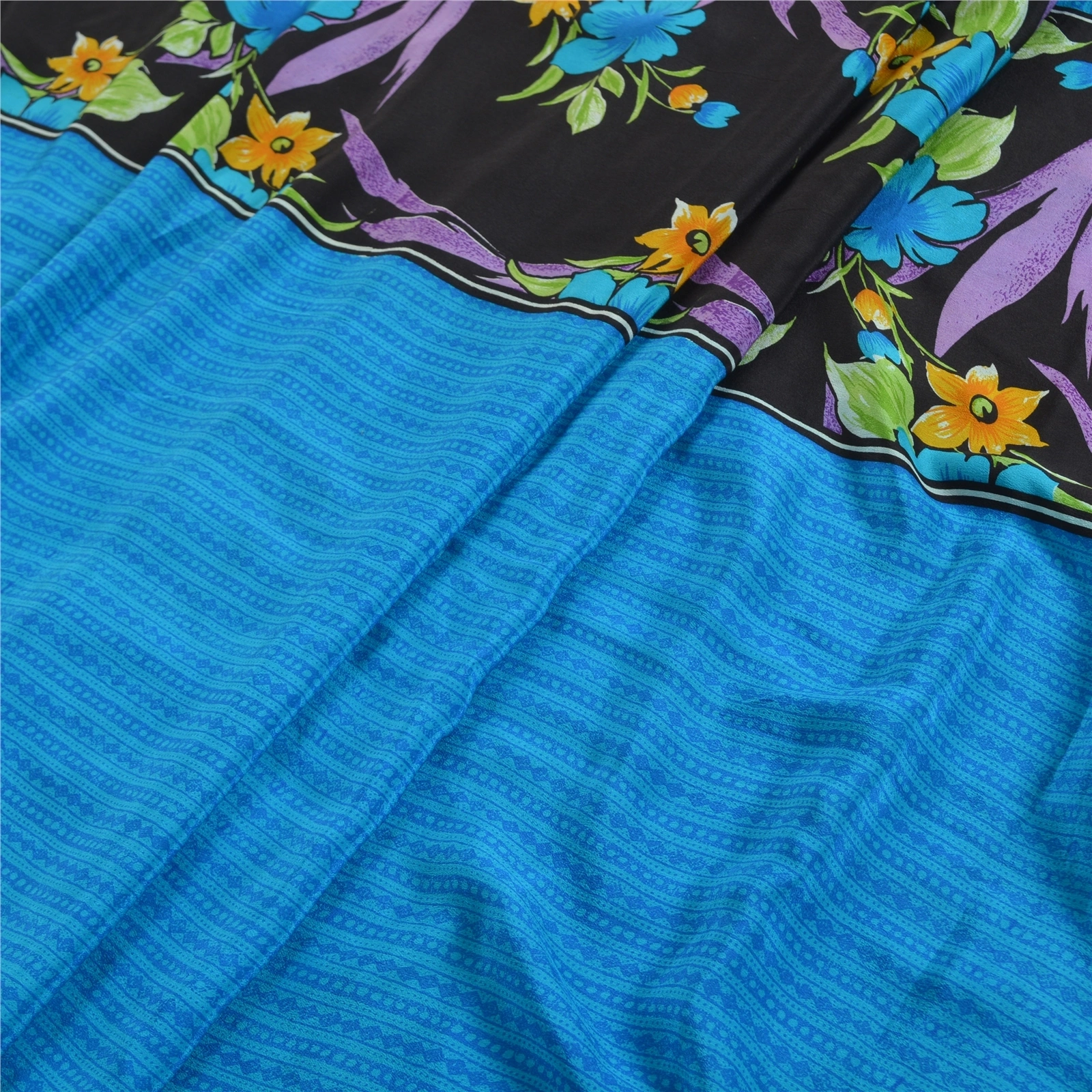 Sanskriti Vintage Sarees Blue 100% Pure Crepe Silk Printed Sari 5Yd Craft Fabric, PRC-19537-Blue-Printed Floral Design-Pure Crepe Silk-9