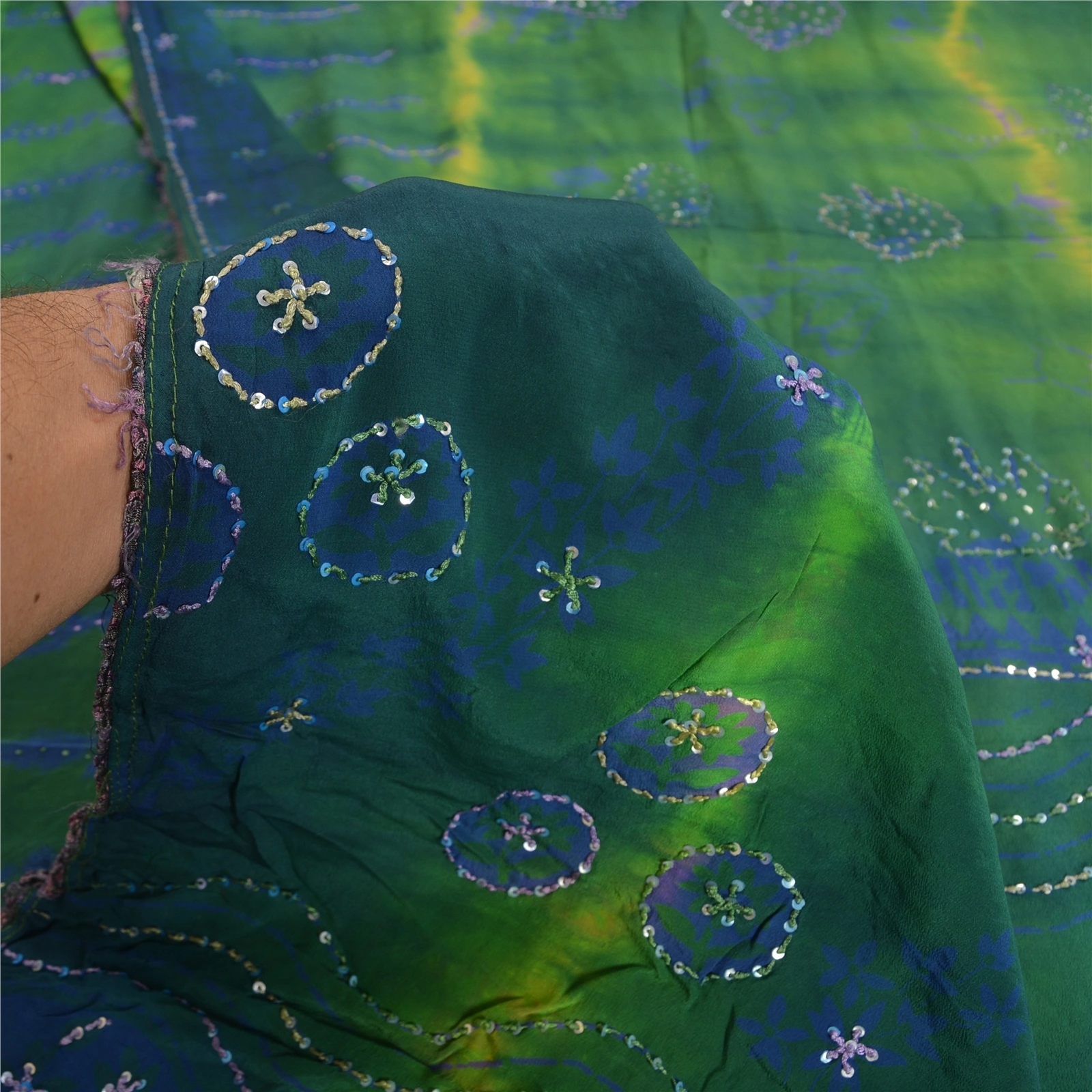 Sanskriti Vintage Sarees Tie-Dye Hand Beaded Pure Crepe Silk Sari Craft Fabric, PRC-19574-Green &amp; Blue-Printed Floral Design-Pure Crepe Silk-5