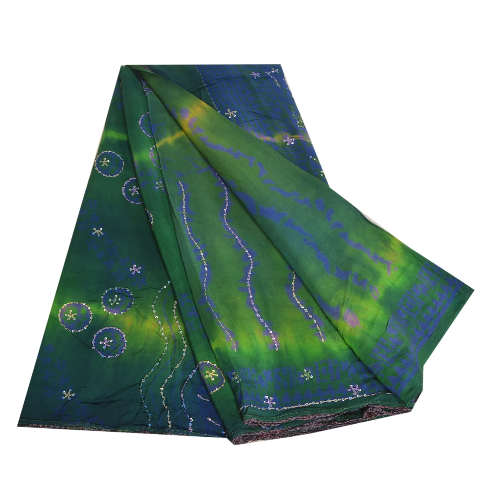 Sanskriti Vintage Sarees Tie-Dye Hand Beaded Pure Crepe Silk Sari Craft Fabric, PRC-19574-Green &amp; Blue-Printed Floral Design-Pure Crepe Silk-9