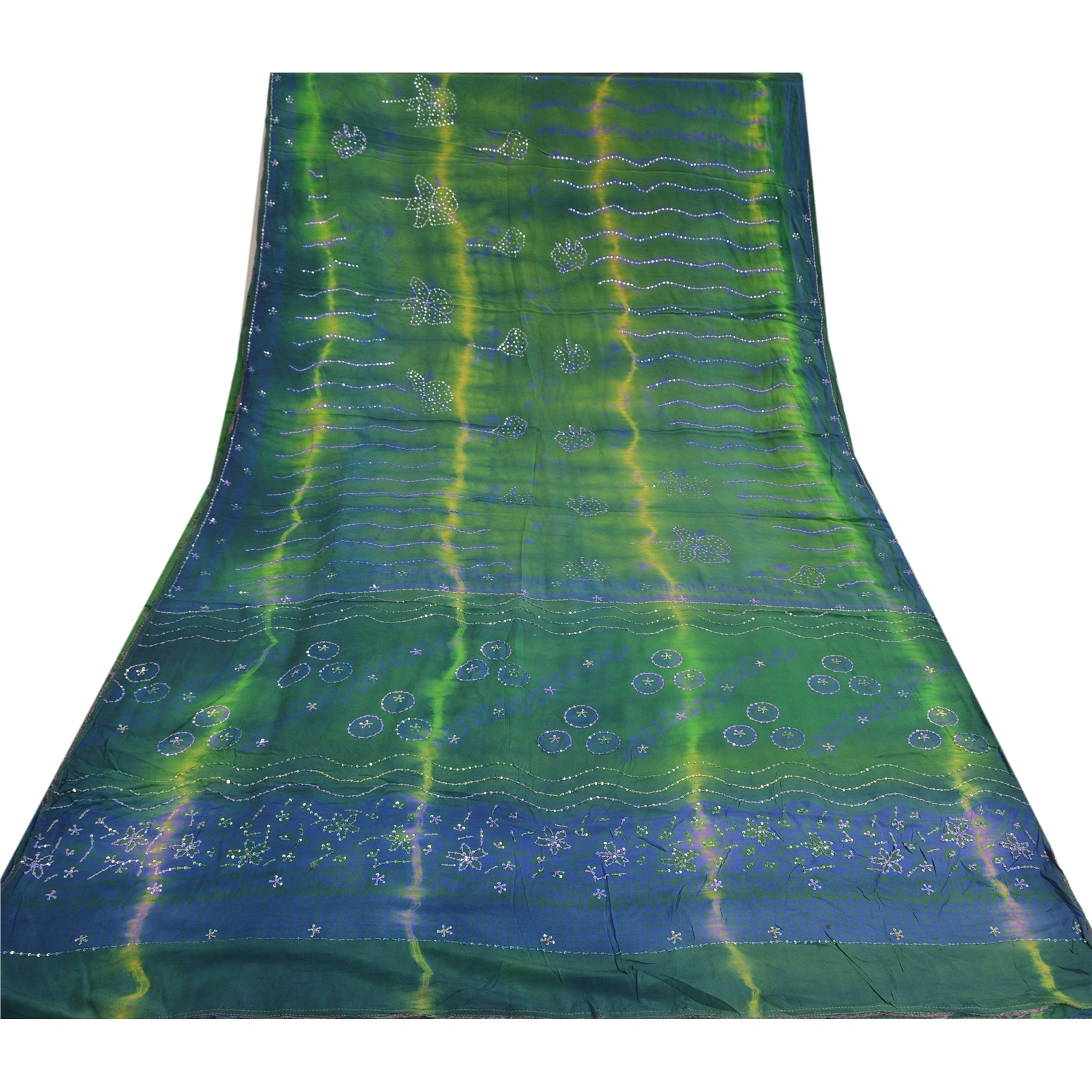 Sanskriti Vintage Sarees Tie-Dye Hand Beaded Pure Crepe Silk Sari Craft Fabric, PRC-19574-Green &amp; Blue-Printed Floral Design-Pure Crepe Silk-10