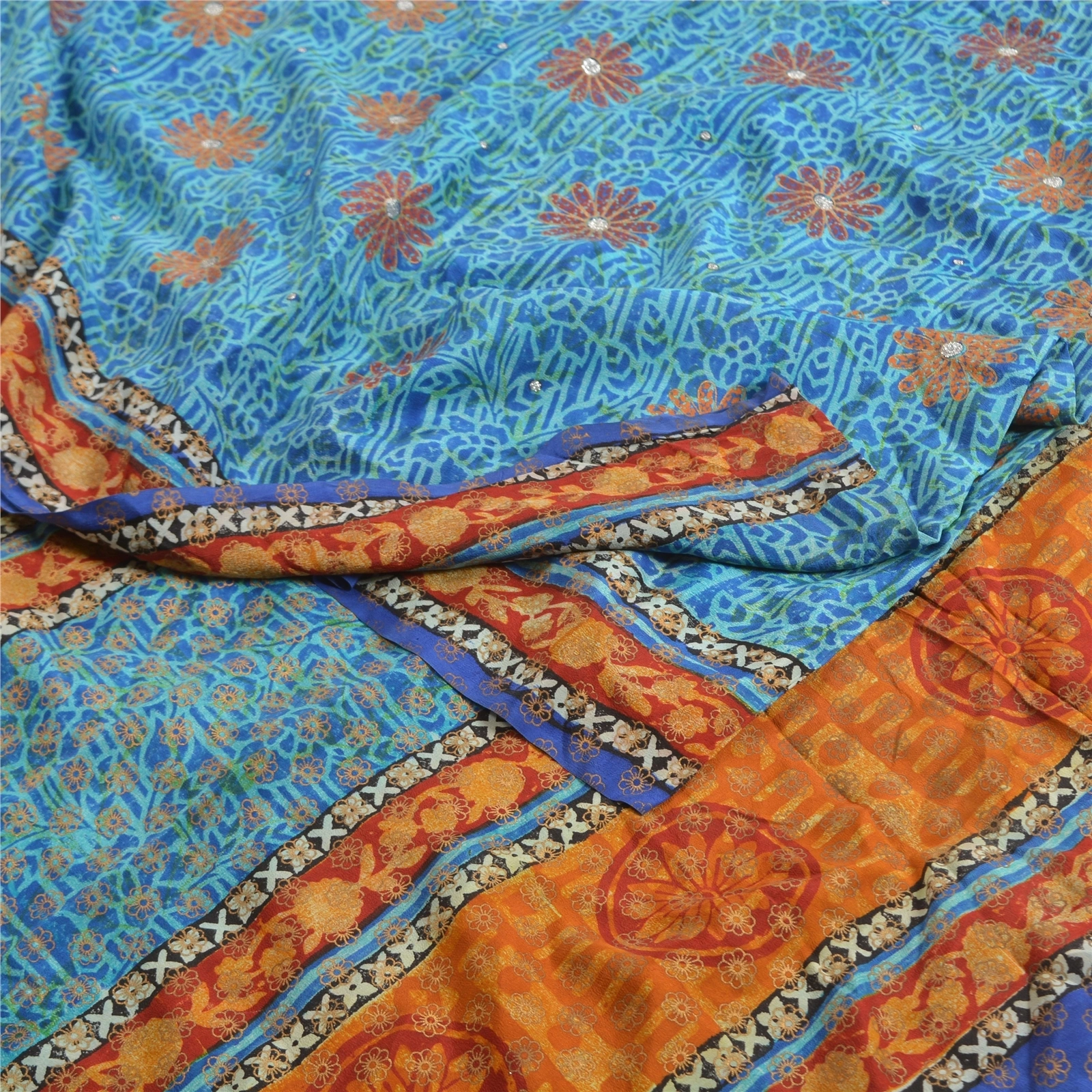 Sanskriti Vintage Sarees Blue Pure Crepe Silk Printed Sari 5Yd Soft Craft Fabric, PRC-19577-Blue-Printed Floral-Pure Crepe Silk-1