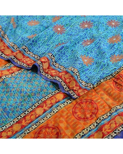 Sanskriti Vintage Sarees Blue Pure Crepe Silk Printed Sari 5Yd Soft Craft Fabric, PRC-19577-Blue-Printed Floral-Pure Crepe Silk-2