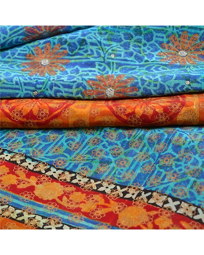 Sanskriti Vintage Sarees Blue Pure Crepe Silk Printed Sari 5Yd Soft Craft Fabric, PRC-19577-Blue-Printed Floral-Pure Crepe Silk-3