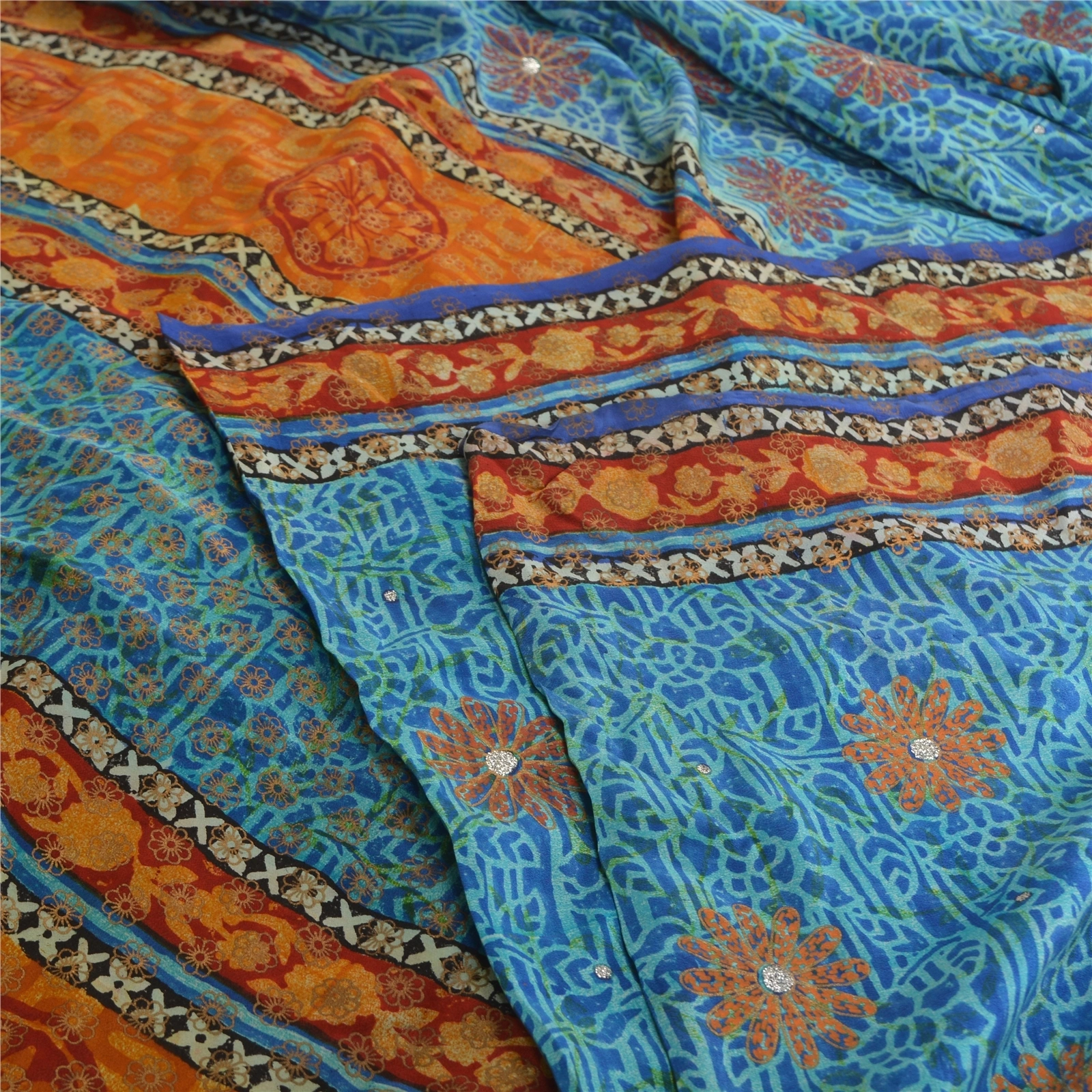 Sanskriti Vintage Sarees Blue Pure Crepe Silk Printed Sari 5Yd Soft Craft Fabric, PRC-19577-Blue-Printed Floral-Pure Crepe Silk-4