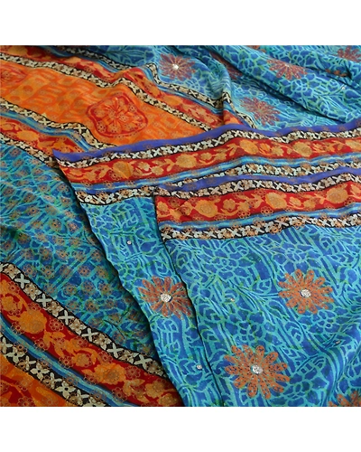 Sanskriti Vintage Sarees Blue Pure Crepe Silk Printed Sari 5Yd Soft Craft Fabric, PRC-19577-Blue-Printed Floral-Pure Crepe Silk-4
