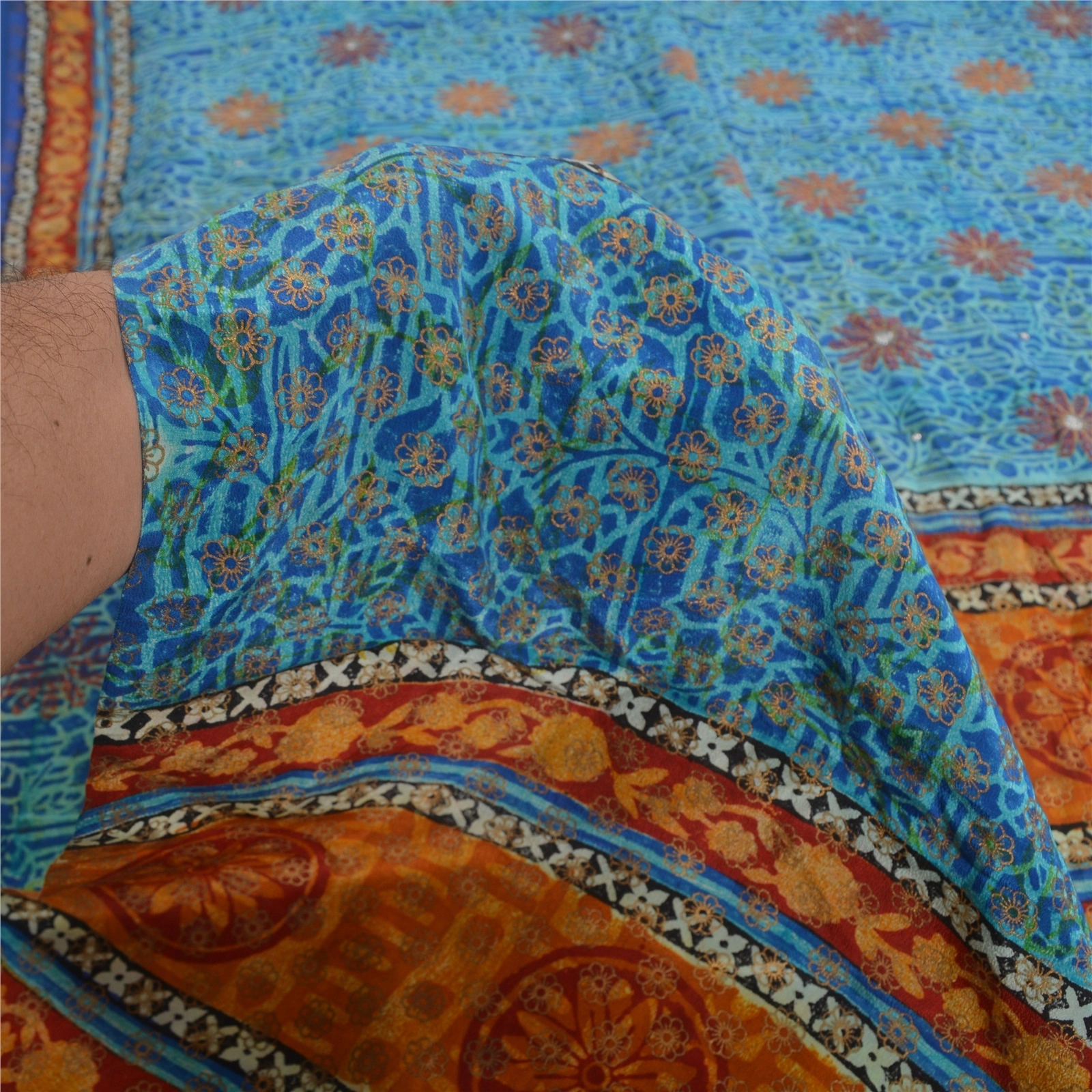 Sanskriti Vintage Sarees Blue Pure Crepe Silk Printed Sari 5Yd Soft Craft Fabric, PRC-19577-Blue-Printed Floral-Pure Crepe Silk-5