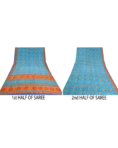 Sanskriti Vintage Sarees Blue Pure Crepe Silk Printed Sari 5Yd Soft Craft Fabric, PRC-19577-Blue-Printed Floral-Pure Crepe Silk-6