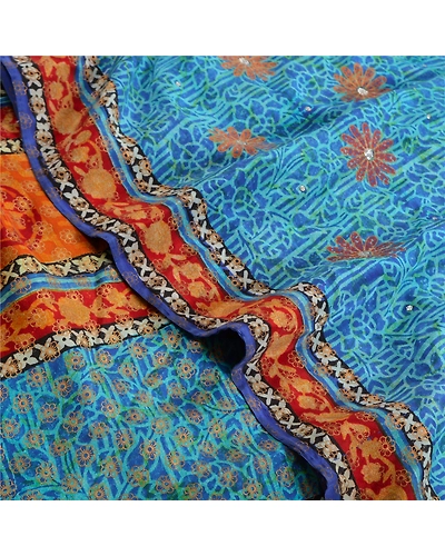 Sanskriti Vintage Sarees Blue Pure Crepe Silk Printed Sari 5Yd Soft Craft Fabric, PRC-19577-Blue-Printed Floral-Pure Crepe Silk-7