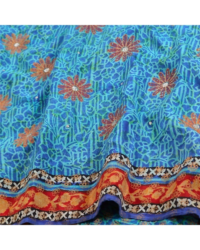 Sanskriti Vintage Sarees Blue Pure Crepe Silk Printed Sari 5Yd Soft Craft Fabric, PRC-19577-Blue-Printed Floral-Pure Crepe Silk-8