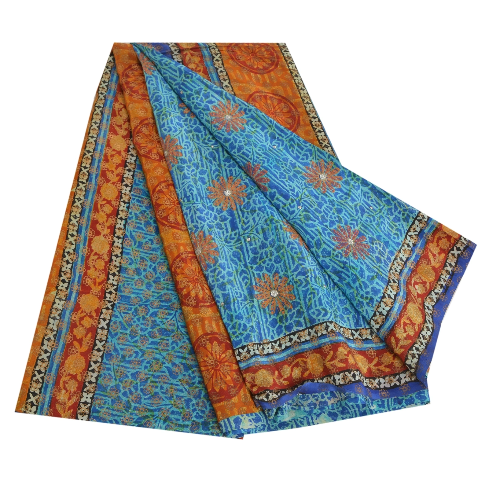 Sanskriti Vintage Sarees Blue Pure Crepe Silk Printed Sari 5Yd Soft Craft Fabric, PRC-19577-Blue-Printed Floral-Pure Crepe Silk-9