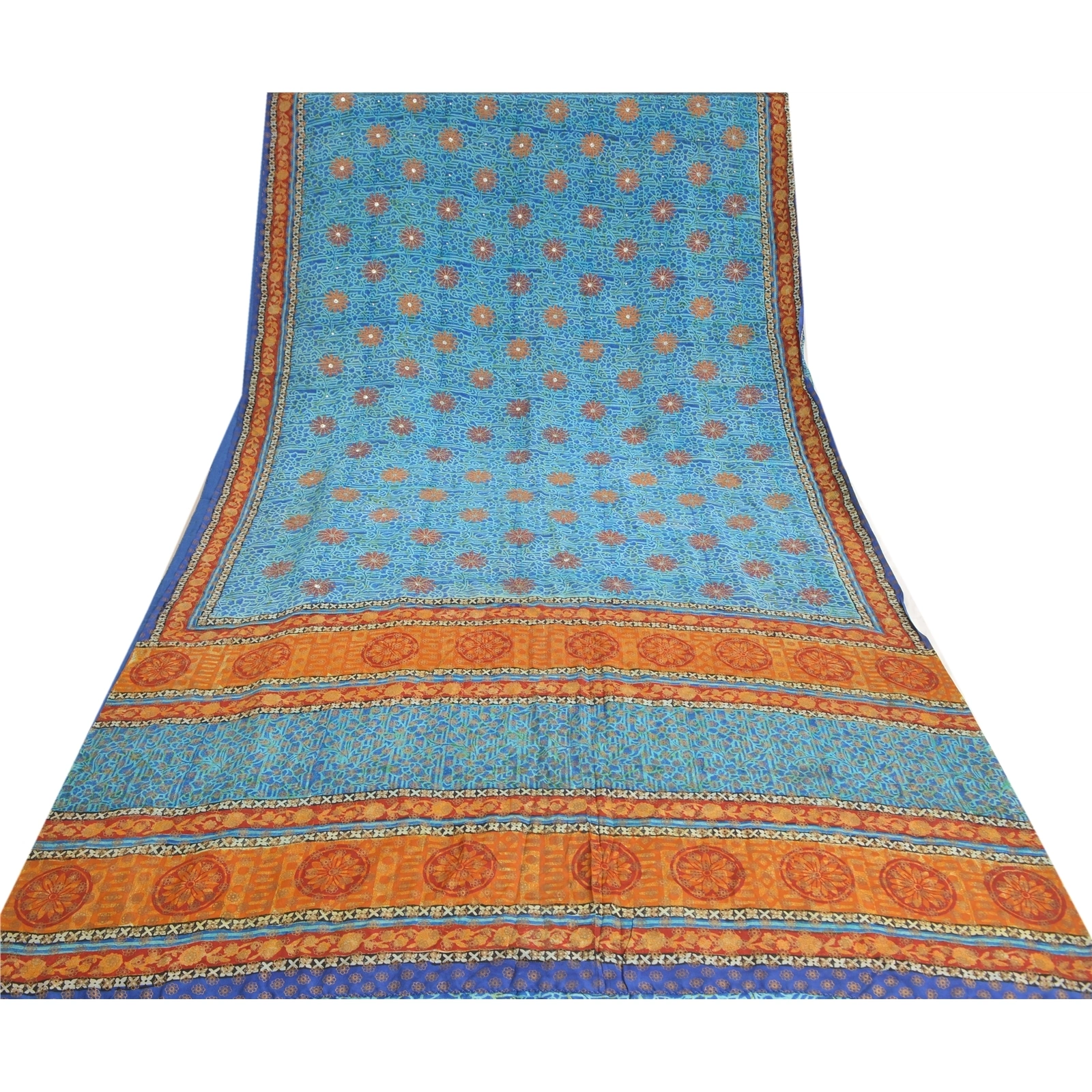 Sanskriti Vintage Sarees Blue Pure Crepe Silk Printed Sari 5Yd Soft Craft Fabric, PRC-19577-Blue-Printed Floral-Pure Crepe Silk-10