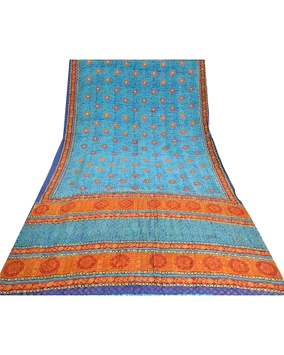 Sanskriti Vintage Sarees Blue Pure Crepe Silk Printed Sari 5Yd Soft Craft Fabric, PRC-19577-Blue-Printed Floral-Pure Crepe Silk-10
